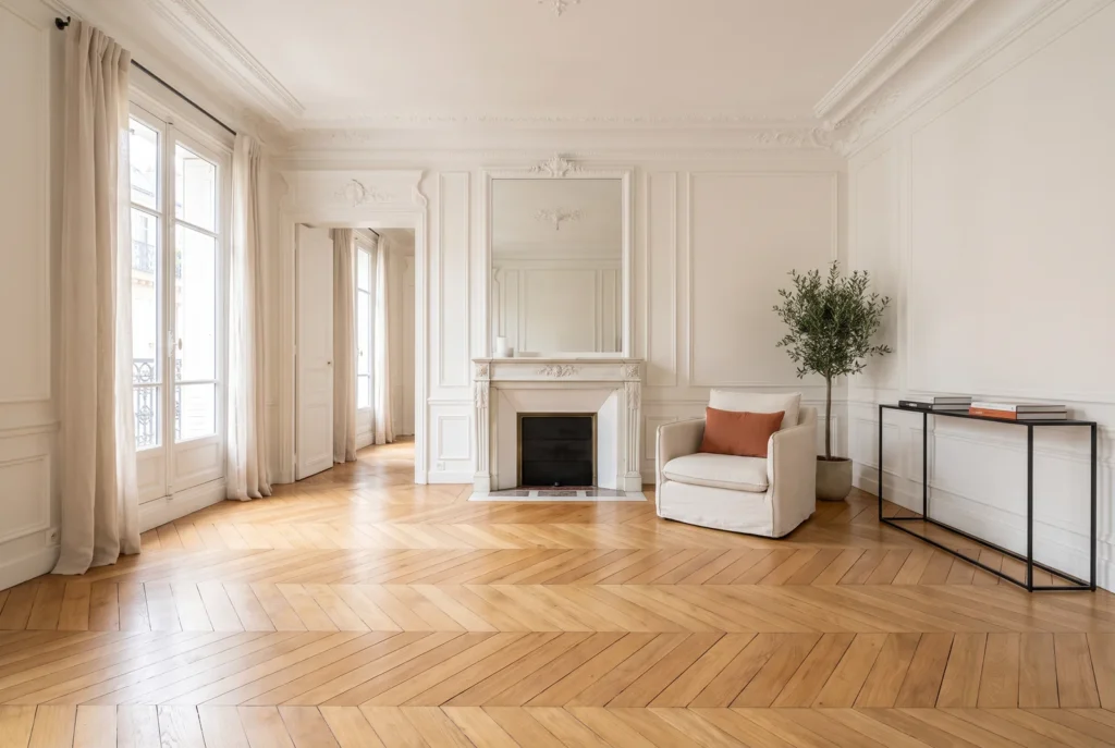Salon haussmannien avec parquet chêne en point de Hongrie