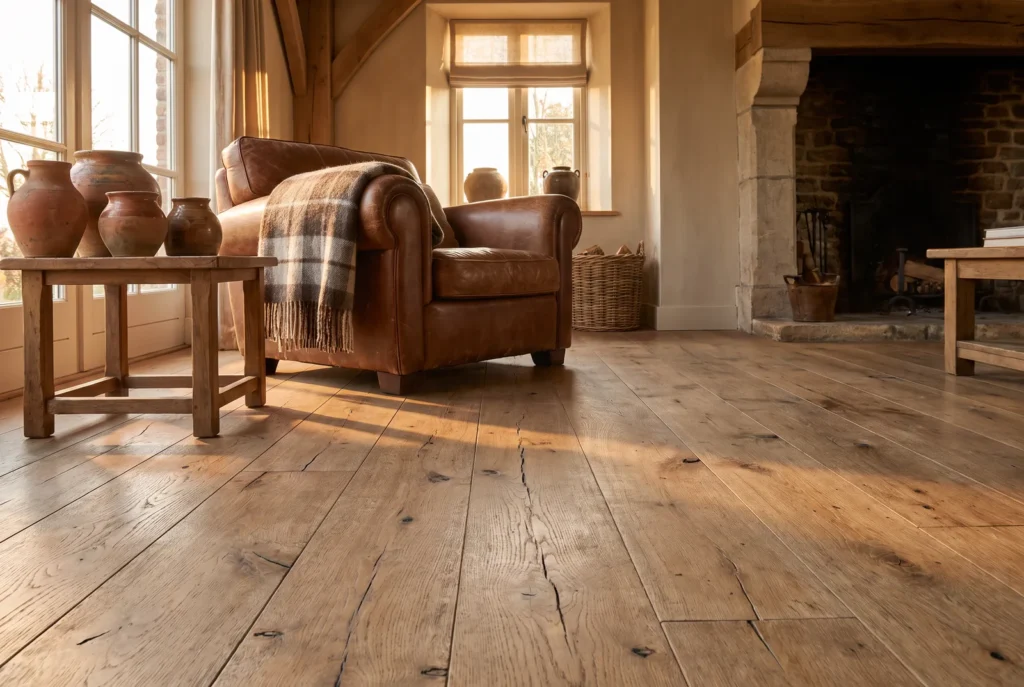 Salon rustique avec parquet chêne noueux à fort caractère