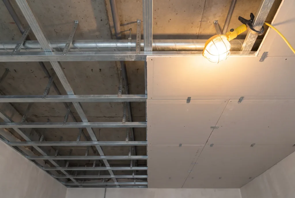 Ossature de faux plafond suspendu à moitié plaquée