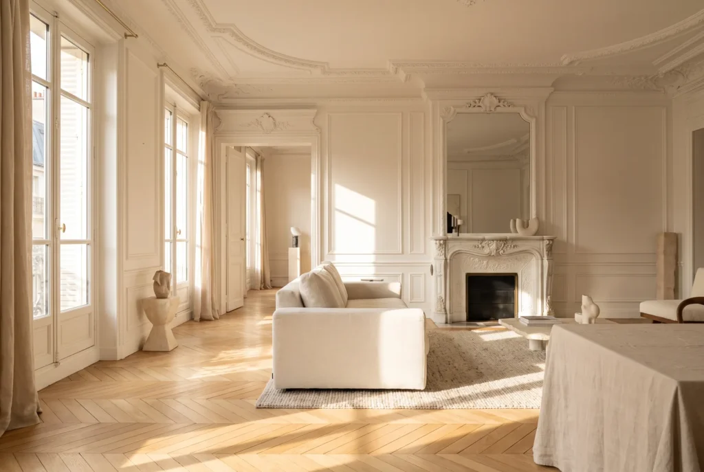 Salon haussmannien avec parquet rovere point de Hongrie blond