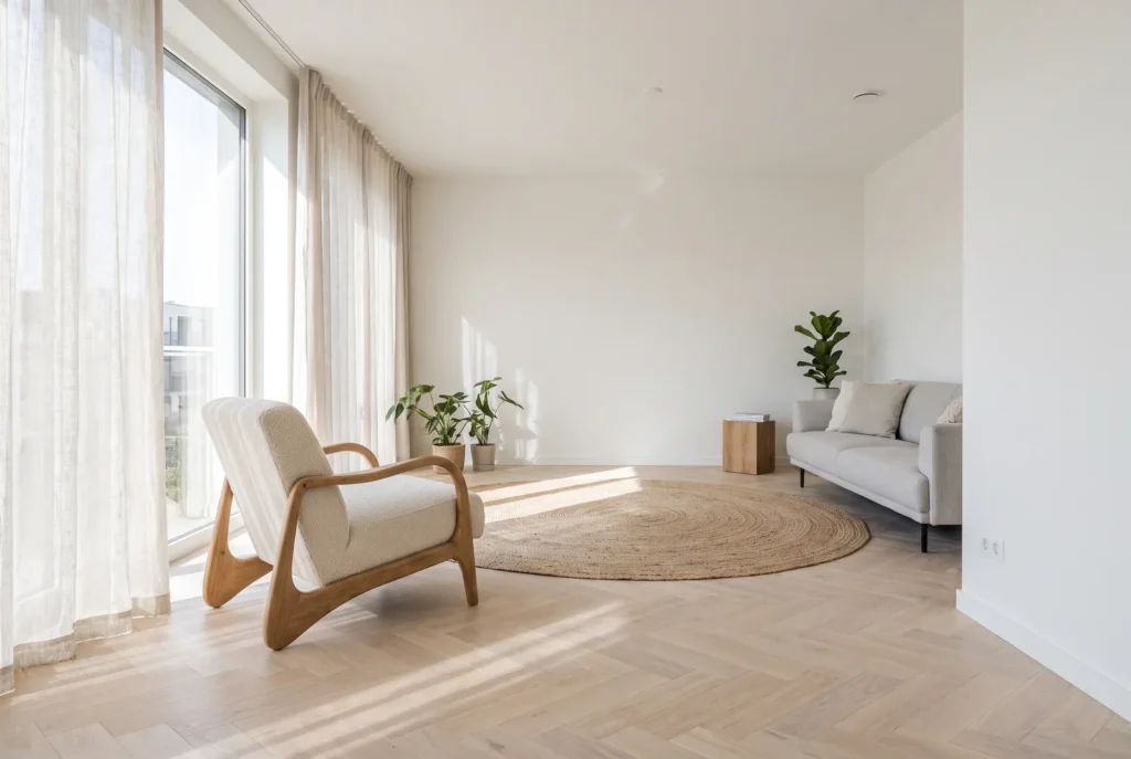 Séjour moderne avec parquet bâtons rompus en roble blond