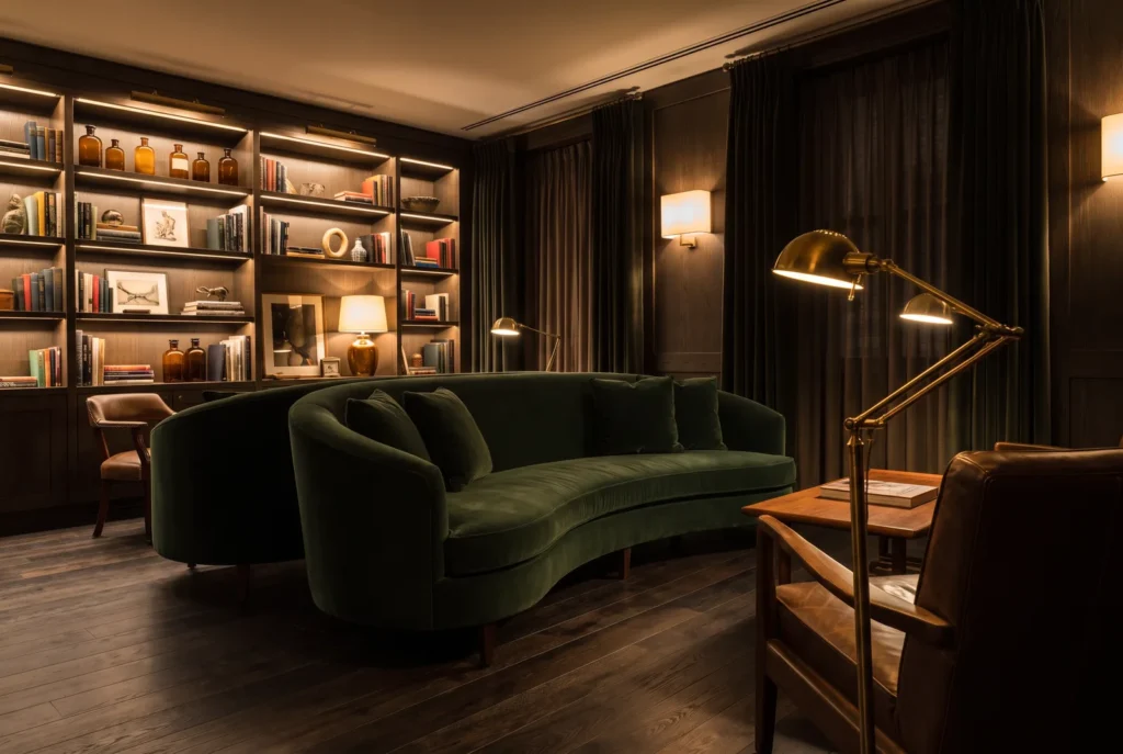 Salon feutré au parquet oak fumé dark et velours vert