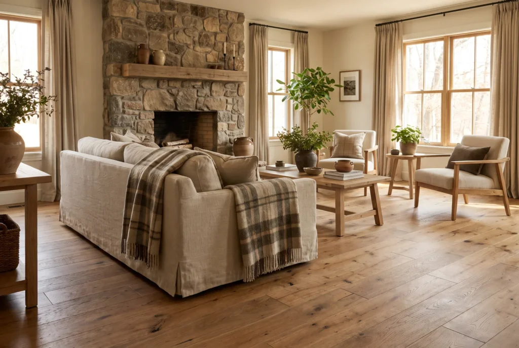 Séjour rustique moderne au parquet rovere vieilli raboté main