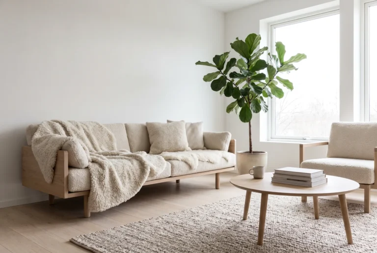 Salon scandinave au parquet oak blond mat