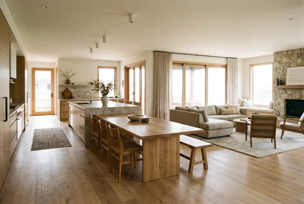 Cuisine ouverte et séjour unis par un même parquet roble