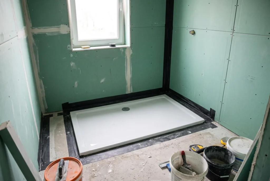 Salle de bain en placo hydrofuge vert avec receveur