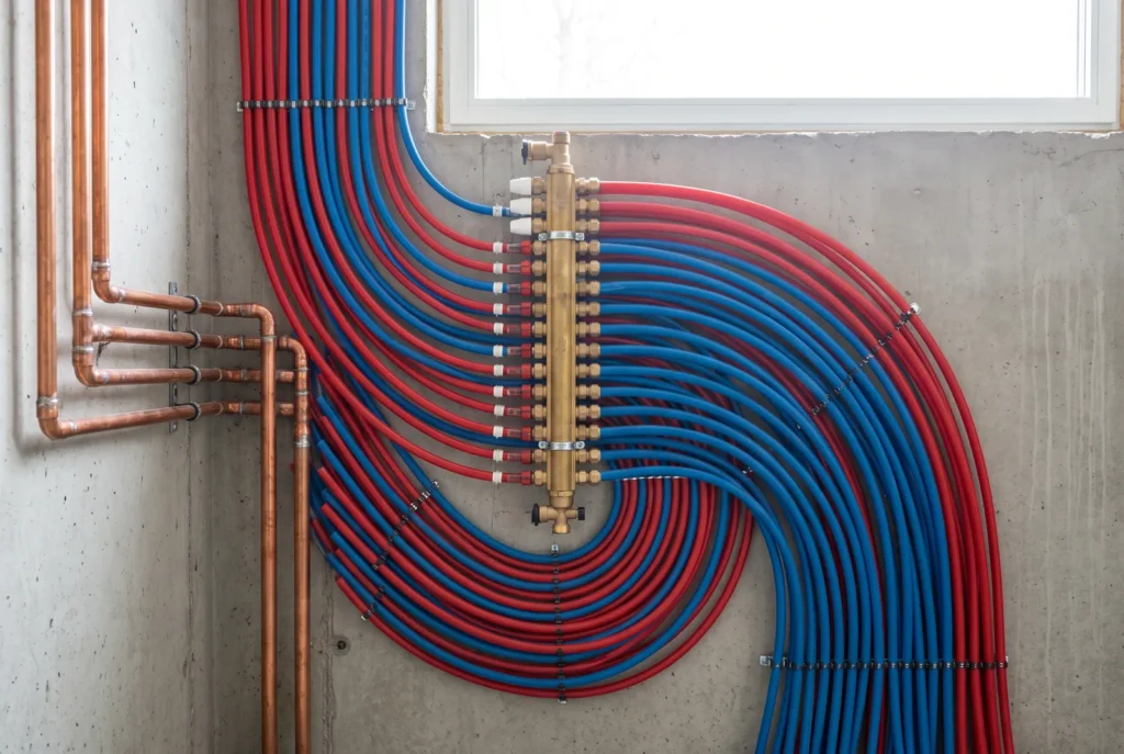 Nourrice de plomberie avec tubes multicouche rouge et bleu