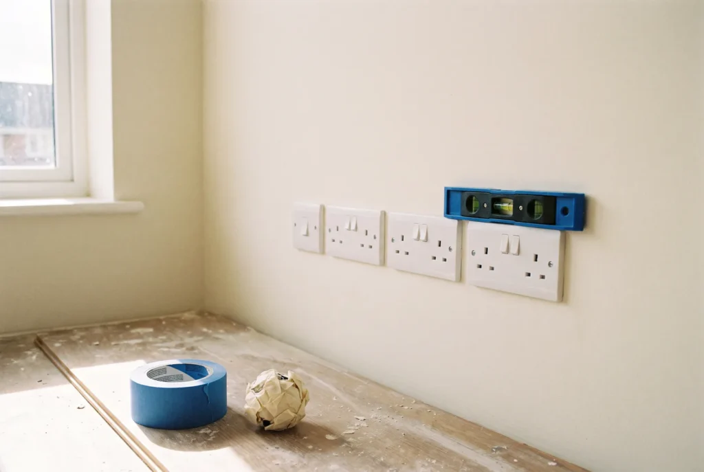 Prises électriques neuves alignées sur un mur rénové