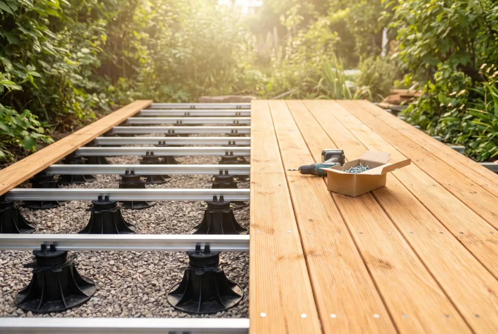 Terrasse bois sur plots et lambourdes en construction